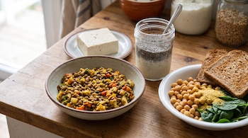Un cuenco con lentejas, un plato con tofu, un frasco con chía y un plato con garbanzos, espinacas y pan sobre una mesa de madera.