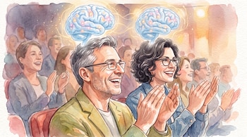 Ilustración de un hombre y una mujer sonriendo y aplaudiendo entre el público, con representaciones de cerebros iluminados sobre sus cabezas.