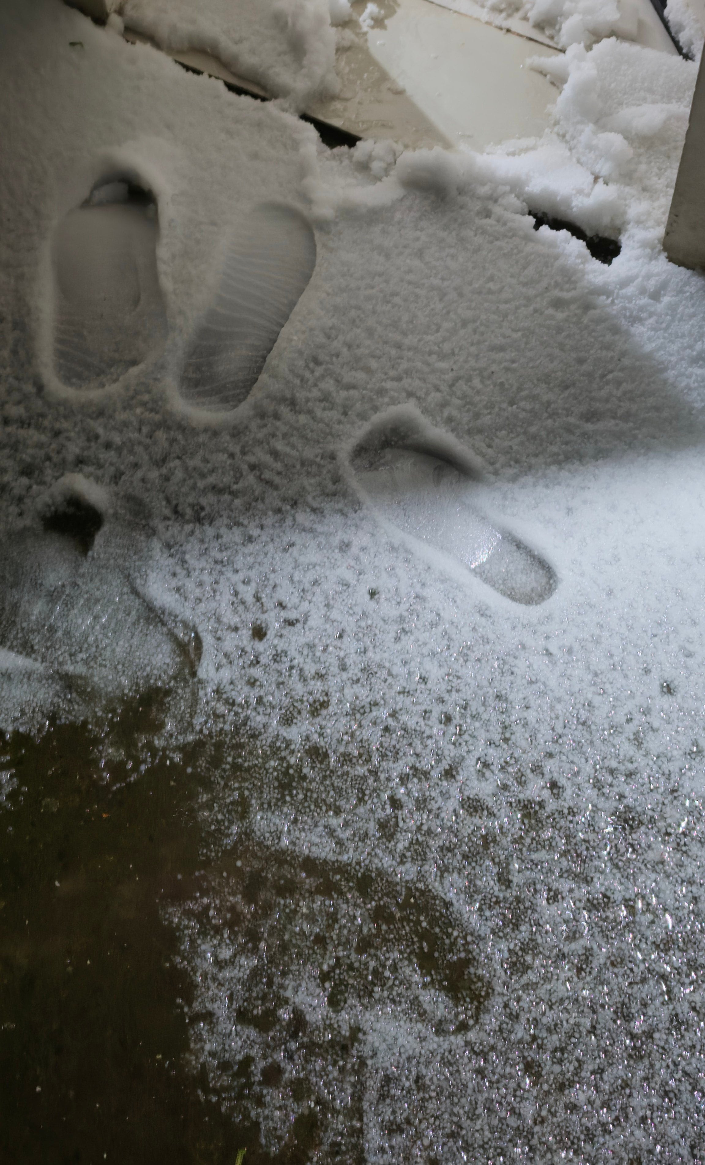 Varias huellas de calzado quedan marcadas sobre una cubierta de nieve en la entrada de una superficie pavimentada.