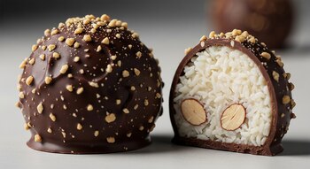 Primer plano de un bombón de chocolate oscuro con frutos secos, junto a otro cortado a la mitad revelando un relleno blanco de coco y una almendra.