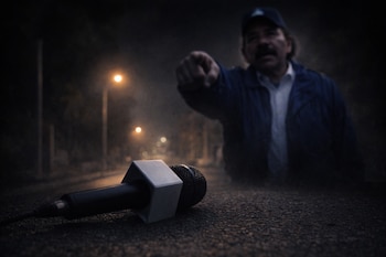 Micrófono de periodista con un cubo blanco yace en el suelo de una calle oscura, con la silueta borrosa de Daniel Ortega apuntando al frente en el fondo.