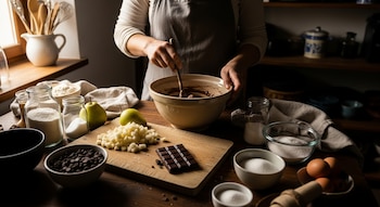 Persona mezclando masa en un tazón, rodeada de peras enteras y picadas, chocolate, azúcar, harina y huevos sobre una mesa de madera.