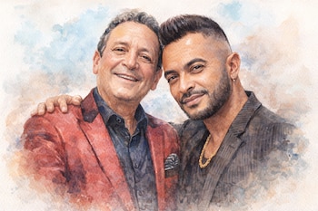 Un retrato estilo acuarela muestra a dos hombres sonrientes. El hombre de la izquierda usa una chaqueta roja, y el de la derecha, una oscura con una cadena dorada.
