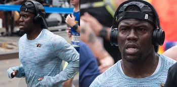 Kevin Hart lleva una gorra negra invertida y auriculares de diadema mientras corre en una calle con otros participantes
