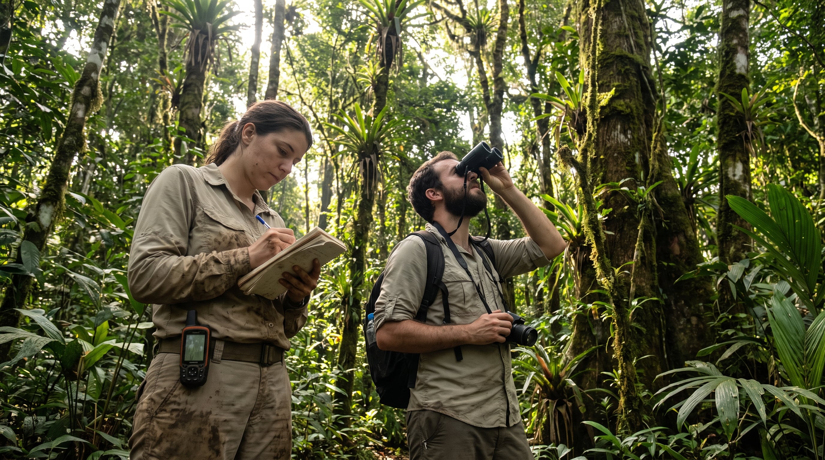 Dos especialistas ambientales ejecutan tareas de conservación y registro de vegetación en un bosque de la Amazonía peruana. (Imagen Ilustrativa Infobae)