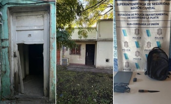 Una imagen compuesta muestra una puerta dañada, el exterior de una casa y una mesa con una mochila, un portátil y una cuchilla frente a un cartel policial