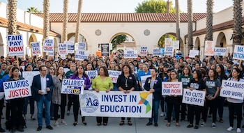 Multitud de docentes y personal escolar protesta al aire libre. Sostienen pancartas con "Fair Pay Now" y "Salarios Justos". Edificios y palmeras al fondo.