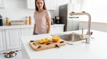 Mujer en cocina blanca, varias cucarachas sobre mesada con fruta cortada, lavaplatos, grifo y piso cerca de un plato para mascotas.