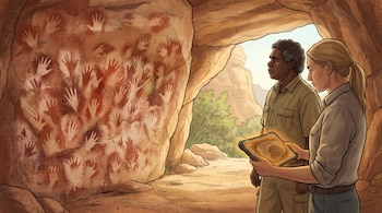 Dos personas en una cueva observan siluetas de manos en ocre sobre una pared de roca; una de ellas sostiene una tableta digital iluminada.
