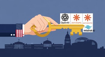 Mano con puño y bandera de Estados Unidos. Llave dorada con logos de OpenAI, Anthropic, Mistral AI. Siluetas de edificios gubernamentales en el fondo.