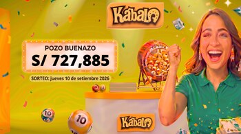 Cartel de la lotería Kabala con una mujer celebrando, un bolillero, el monto de 727.885 soles y la fecha 10 de septiembre de 2026.