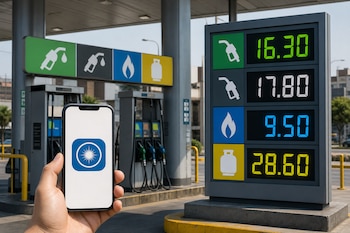 Mano que sostiene un teléfono móvil con un logotipo azul frente a un panel con precios de combustibles y surtidores en una estación de servicio.