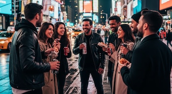 Siete jóvenes sonrientes interactuando, algunos comiendo y bebiendo, en una calle urbana iluminada de noche con taxis amarillos y carteles luminosos de fondo.