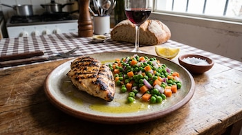 Un plato de pechuga de pollo a la parrilla con marcas de grillado, junto a una ensalada de arvejas, zanahoria y cebolla roja, sobre una mesa de madera rústica.