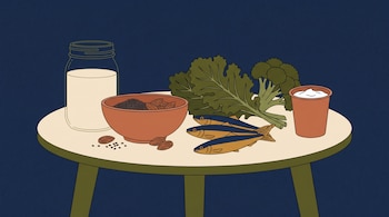 Ilustración de una mesa con un frasco de leche, un recipiente con almendras y semillas, tres sardinas, col rizada, brócoli y una taza de yogur.