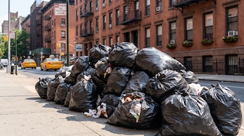 Gran cantidad de bolsas de basura negras apiladas en una acera de Nueva York con edificios de ladrillo, taxis amarillos, señales de tráfico y semáforos.