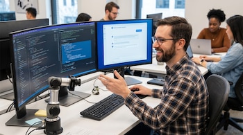 Hombre sonriente con gafas y camisa a cuadros trabajando en un escritorio con dos monitores, mostrando código y una interfaz de asistente de IA, junto a un brazo robótico.