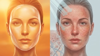 Ilustración digital de una cara dividida: a la izquierda, piel dorada y sin daño; a la derecha, piel con enrojecimiento y manchas, mostrando el daño de los rayos UV.