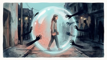 Ilustración de una mujer caminando dentro de una esfera transparente, rodeada de siluetas oscuras con manos que agrietan la superficie.