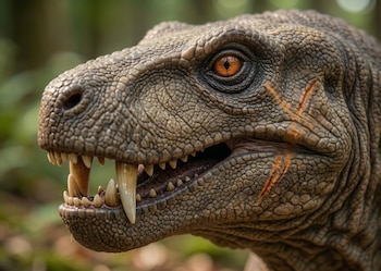 Primer plano de la cabeza de un Cinodonte. Se aprecian su piel escamosa de color marrón, ojo naranja brillante, dientes afilados, colmillos y cicatrices rojizas