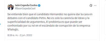 El candidato Iván Cepeda Castro reveló motivos por los cuales Rodolfo Hernández se ausentaba de los debates - crédito @IvanCepedaCast/X