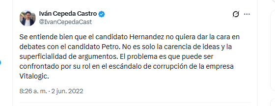 El candidato Iván Cepeda Castro reveló motivos por los cuales Rodolfo Hernández se ausentaba de los debates - crédito @IvanCepedaCast/X