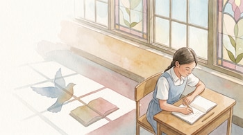 Ilustración en acuarela de una niña sentada en un pupitre de madera escribiendo en un cuaderno cerca de una ventana iluminada.