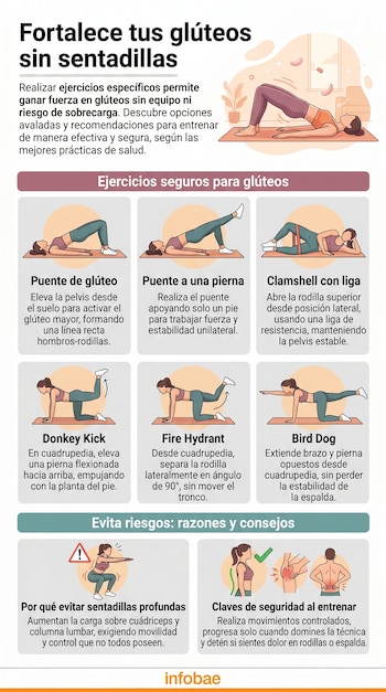 Infografía con seis ilustraciones de ejercicios para glúteos, una imagen de sentadilla y otra de espalda y rodillas, con texto explicativo.