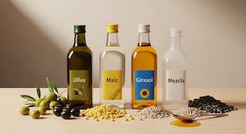 Cuatro botellas de aceite de oliva, maíz, girasol y mezcla. Aceitunas verdes y negras, granos de maíz, semillas de girasol y una cuchara con aceite.