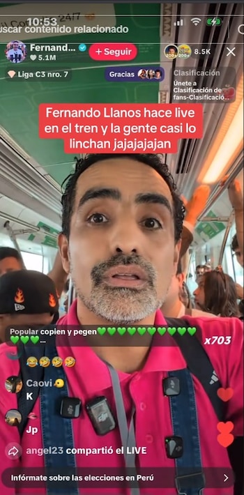 Caótico momento de Fernando Llanos en tren: usuarios lo acusan de favorecer a Roberto Sánchez durante transmisión. Captura: TikTok.