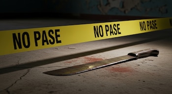 Un machete con manchas de sangre reposa en un piso de concreto agrietado, detrás de una cinta amarilla que dice 'NO PASE' en el interior de una vivienda.
