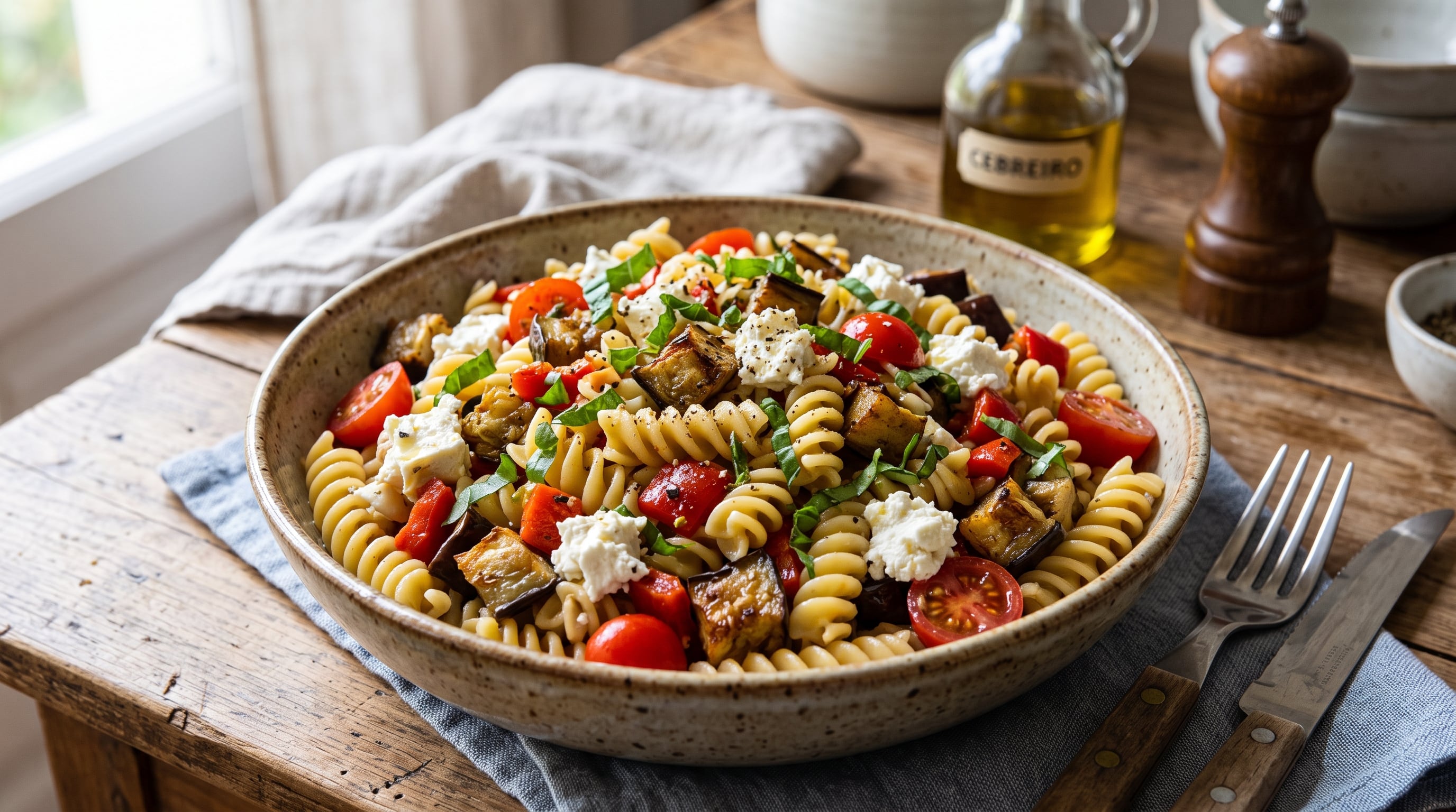 Una ensalada de pasta corta con trozos de berenjena asada, tomates cherry, pimiento y queso Cebreiro se presenta en un cuenco sobre una mesa de madera. (Imagen Ilustrativa Infobae)