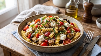 Un cuenco con pasta fusilli, dados de berenjena, tomates cherry, pimiento rojo y queso blanco sobre una mesa junto a un tenedor.