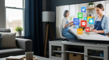 Una sala de estar con un televisor que exhibe símbolos de plataformas digitales sobre imágenes difusas de mujeres, junto a un sofá, libro y taza.