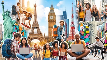 Jóvenes con mochilas, patinetas y laptops. Monumentos: Estatua de la Libertad, Torre Eiffel, Big Ben, Torre de Tokio, Cristo Redentor. Edificios urbanos.