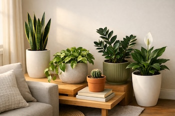 Cinco plantas de interior en macetas modernas: sansevieria, pothos, cactus, zamioculca y espatifilo, en un rincón de sala con luz natural cálida y fondo neutro.