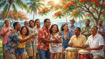 Grupo de personas afrodescendientes riendo en parque con palmeras y árboles floridos. El mar de fondo; algunos tienen bebidas y tambores.