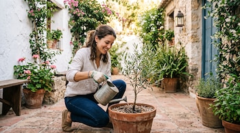 Una mujer arrodillada riega con una regadera metálica un pequeño olivo en maceta, rodeada de plantas en un patio de baldosas.