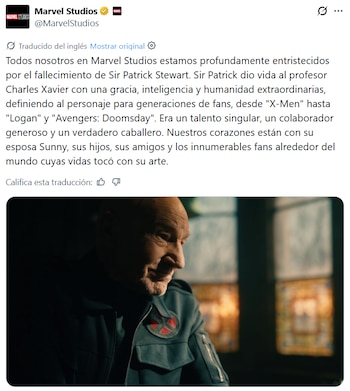 Captura de pantalla de una publicación en la red social X que incluye un mensaje en español y una fotografía de perfil del actor Patrick Stewart
