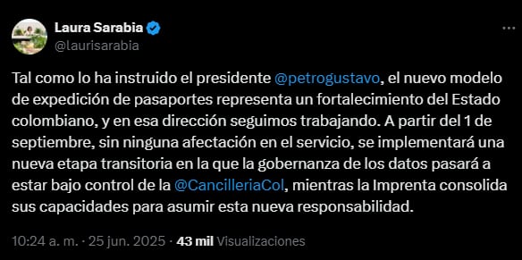 Laura Sarabia sobre manejo de pasaportes- crédito @laurisarabia/X