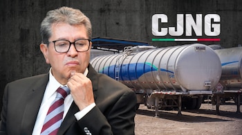 Hombre con traje y lentes, pipa de combustible, logotipo CJNG, fondo gris oscuro.