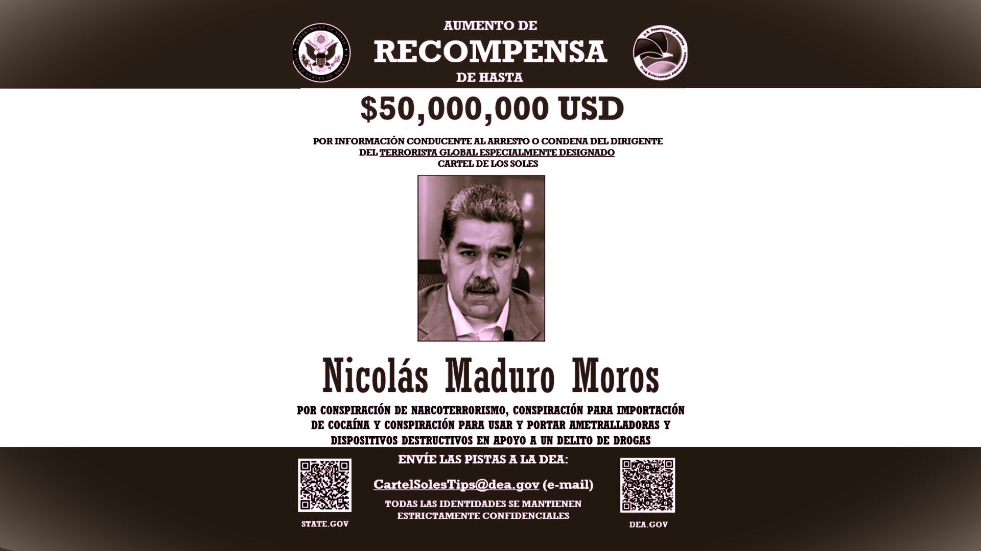 Recompensa Nicolás Maduro 50 millones de dólares (DEA / Departamento del Tesoro)