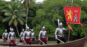 Siete hombres con armaduras y cascos con penachos blancos y negros descienden de dos botes de madera portando espadas y una bandera roja con escudo, entre vegetación tropical.
