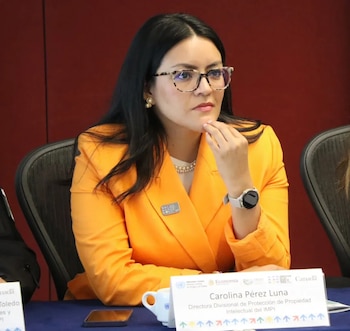 Una mujer con cabello oscuro y lentes, vistiendo un blazer naranja y un collar de perlas, sentada frente a un letrero con su nombre