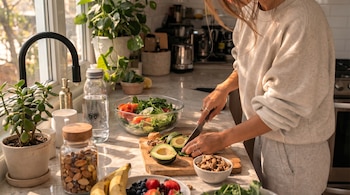 Una persona con un suéter claro corta un aguacate sobre una tabla de madera en una cocina. Se ven frutas, nueces, una ensalada y plantas de interior junto a una ventana.