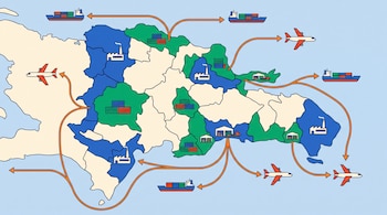 Mapa de la República Dominicana con zonas resaltadas en azul y verde. Contiene iconos de fábricas, contenedores, centros logísticos, líneas naranjas, flechas, barcos y aviones.