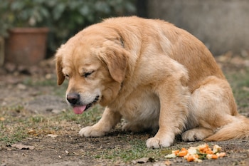 Perro de pelaje dorado sentado en el suelo con ojos cerrados y lengua asomando. Al lado, restos de comida regurgitada. Fondo difuso con vegetación.
