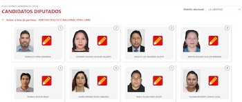 Captura de pantalla de una página web con el título "CANDIDATOS DIPUTADOS", mostrando ocho recuadros con fotos y nombres de candidatos a diputados