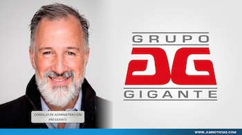 Fotografía de un hombre sonriente con barba gris junto al logotipo de Grupo Gigante sobre fondo gris claro con una franja azul inferior.