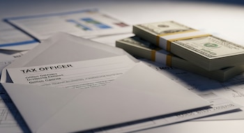 Primer plano de un sobre abierto con la etiqueta "TAX OFFICER" junto a fajos de billetes de cien dólares y varios documentos financieros esparcidos.